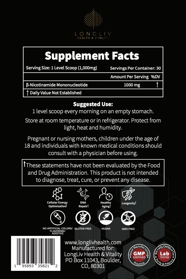 NMN (Nicotinamide Mononucleotide) Powder 30gm | LonglivHealth